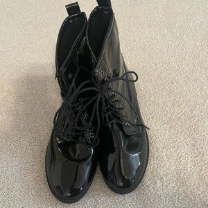 Patent black combat gothic boots by Blue Suede Shoes